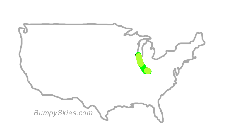 Map of continental US with illustrated flight path and turbulence forecast (described in text below)