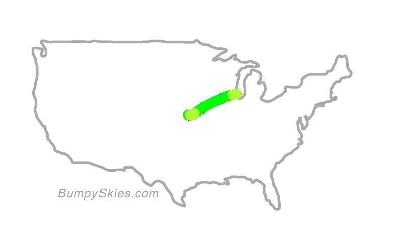Map of continental US with illustrated flight path and turbulence forecast (described in text below)
