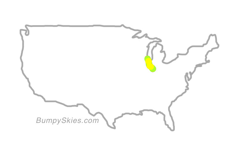 Map of continental US with illustrated flight path and turbulence forecast (described in text below)