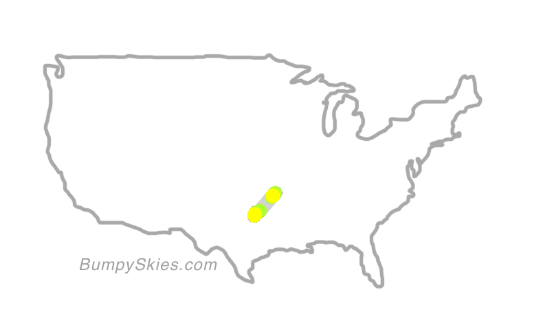 Map of continental US with illustrated flight path and turbulence forecast (described in text below)