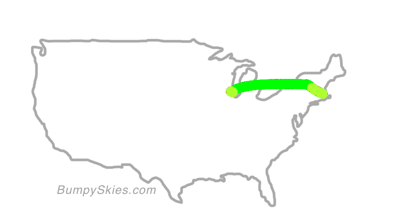 Map of continental US with illustrated flight path and turbulence forecast (described in text below)