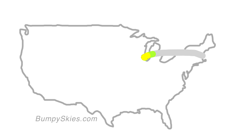 Map of continental US with illustrated flight path and turbulence forecast (described in text below)