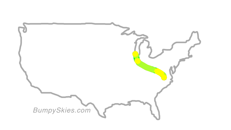 Map of continental US with illustrated flight path and turbulence forecast (described in text below)