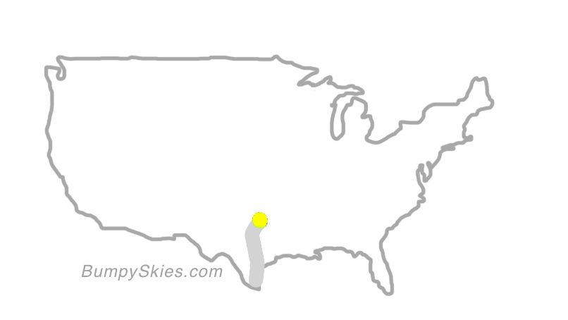 Map of continental US with illustrated flight path and turbulence forecast (described in text below)