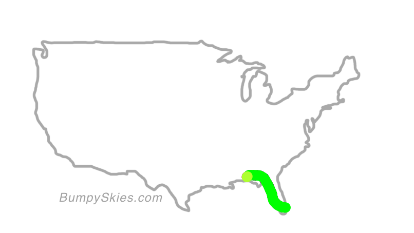 Map of continental US with illustrated flight path and turbulence forecast (described in text below)