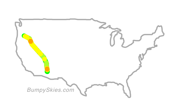 Map of continental US with illustrated flight path and turbulence forecast (described in text below)