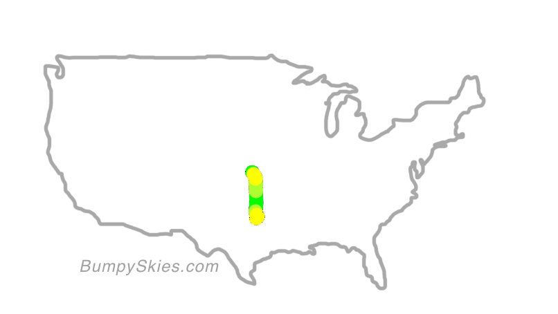 Map of continental US with illustrated flight path and turbulence forecast (described in text below)