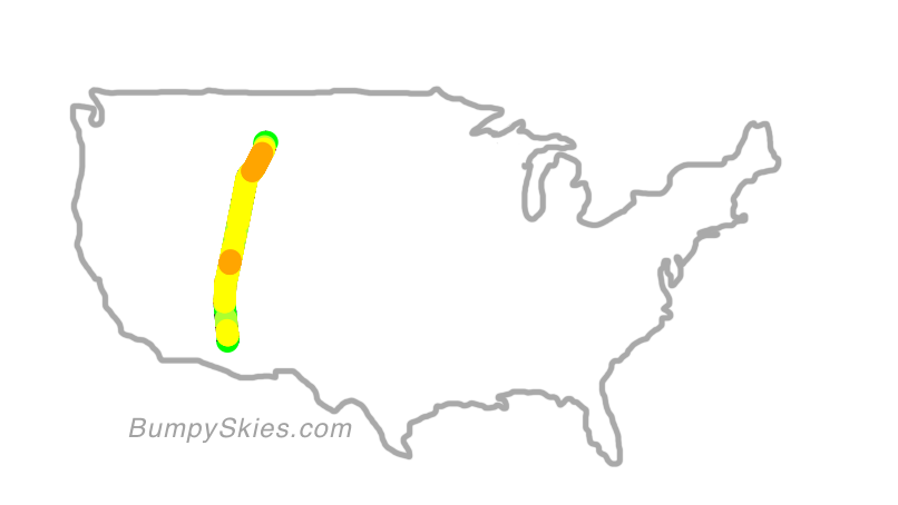 Map of continental US with illustrated flight path and turbulence forecast (described in text below)
