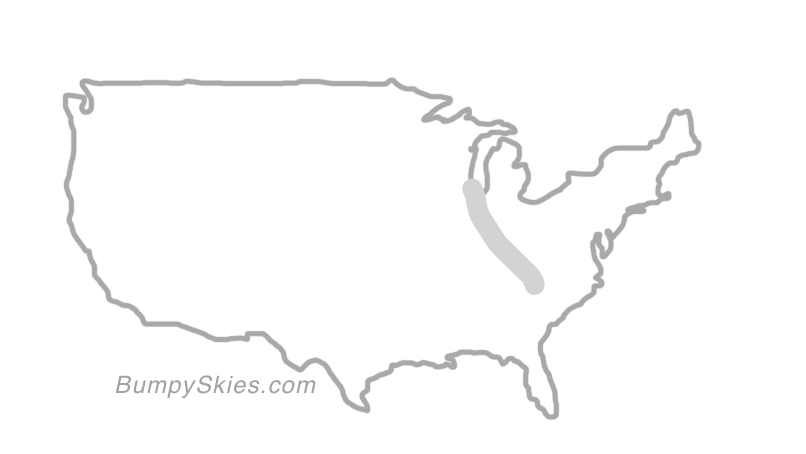Map of continental US with illustrated flight path and turbulence forecast (described in text below)