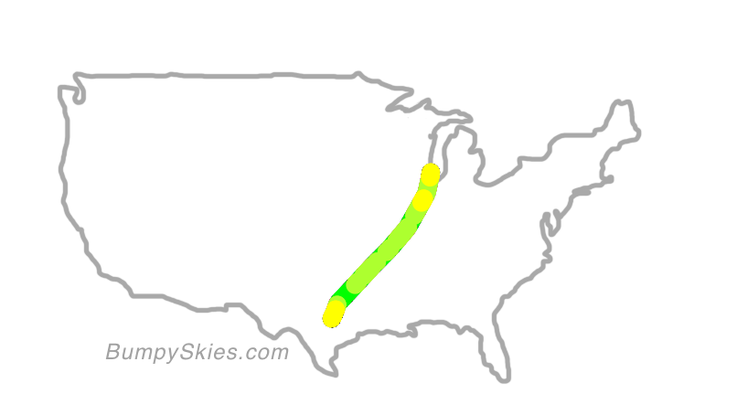 Map of continental US with illustrated flight path and turbulence forecast (described in text below)