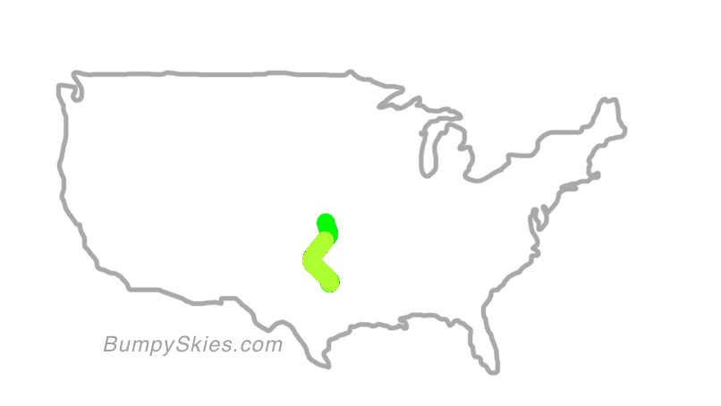 Map of continental US with illustrated flight path and turbulence forecast (described in text below)