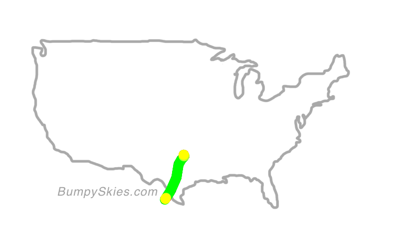 Map of continental US with illustrated flight path and turbulence forecast (described in text below)