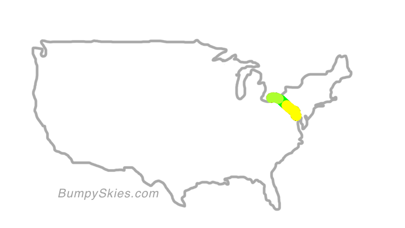Map of continental US with illustrated flight path and turbulence forecast (described in text below)