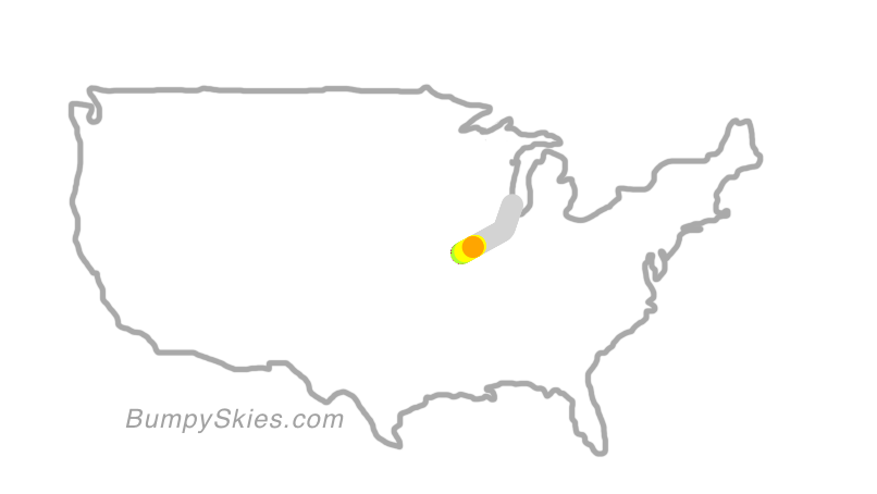 Map of continental US with illustrated flight path and turbulence forecast (described in text below)