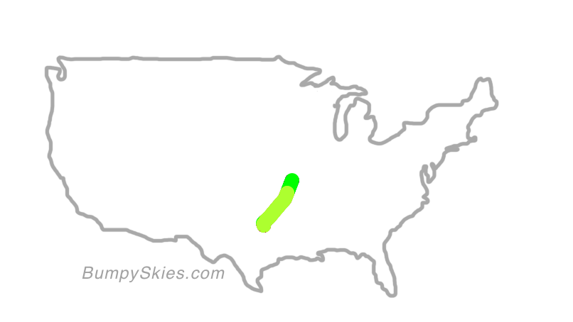 Map of continental US with illustrated flight path and turbulence forecast (described in text below)
