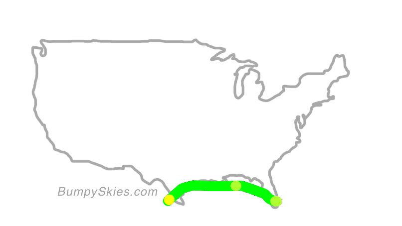 Map of continental US with illustrated flight path and turbulence forecast (described in text below)