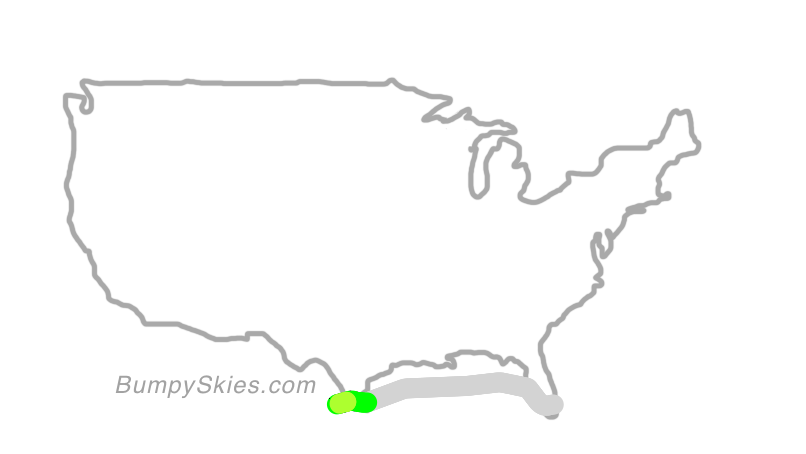 Map of continental US with illustrated flight path and turbulence forecast (described in text below)