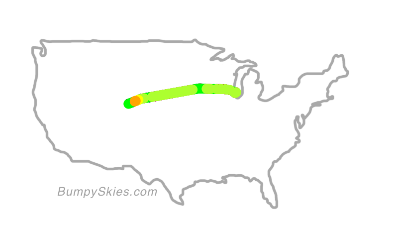 Map of continental US with illustrated flight path and turbulence forecast (described in text below)