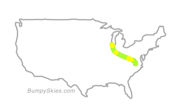 Map of continental US with illustrated flight path and turbulence forecast (described in text below)