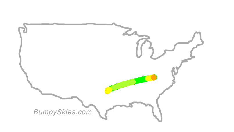 Map of continental US with illustrated flight path and turbulence forecast (described in text below)
