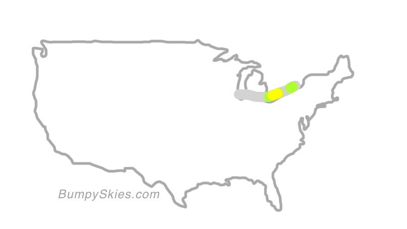 Map of continental US with illustrated flight path and turbulence forecast (described in text below)