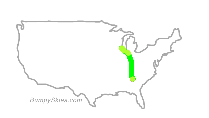 Map of continental US with illustrated flight path and turbulence forecast (described in text below)