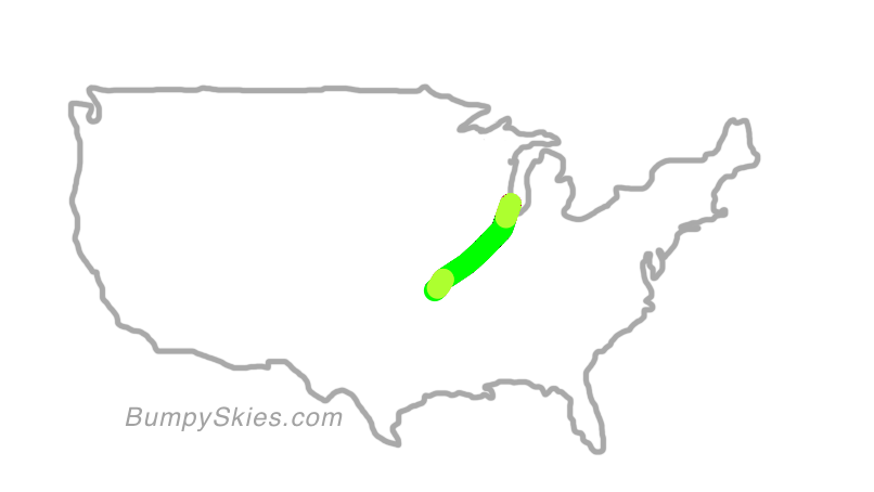 Map of continental US with illustrated flight path and turbulence forecast (described in text below)