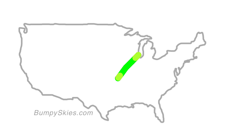 Map of continental US with illustrated flight path and turbulence forecast (described in text below)