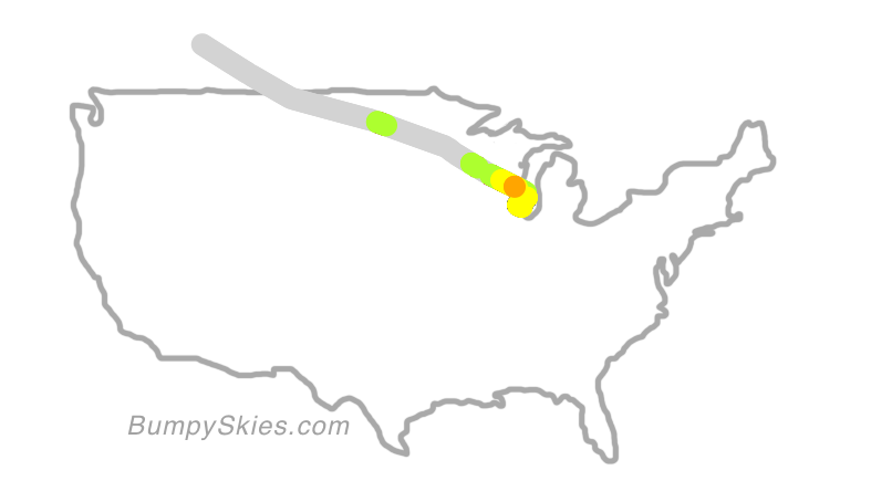 Map of continental US with illustrated flight path and turbulence forecast (described in text below)