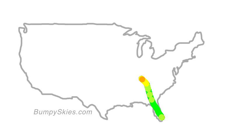 Map of continental US with illustrated flight path and turbulence forecast (described in text below)