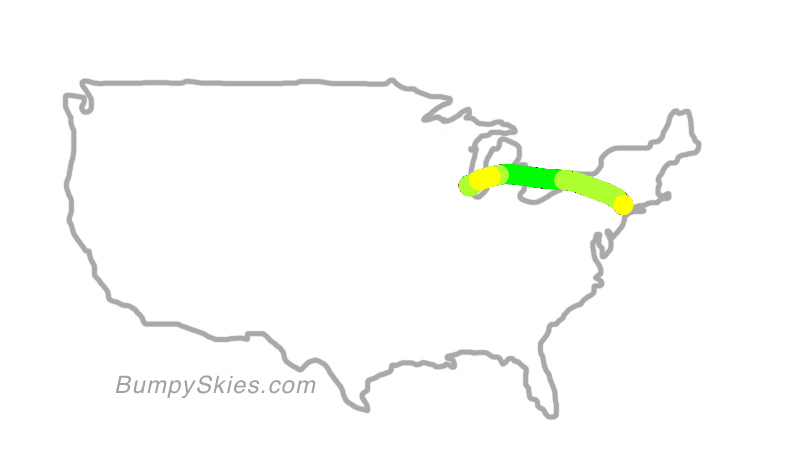 Map of continental US with illustrated flight path and turbulence forecast (described in text below)