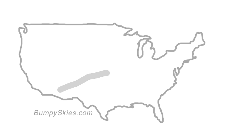 Map of continental US with illustrated flight path and turbulence forecast (described in text below)