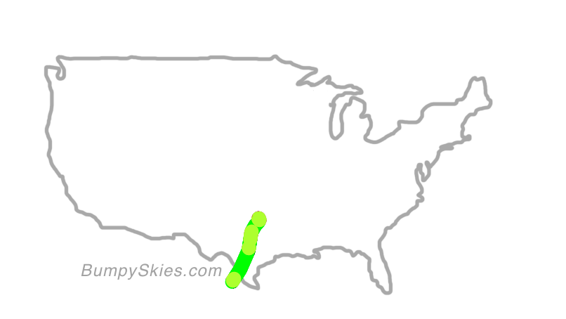 Map of continental US with illustrated flight path and turbulence forecast (described in text below)