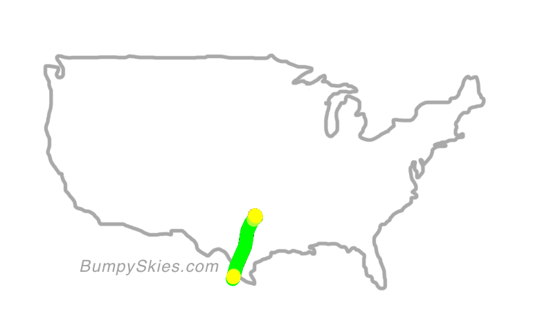 Map of continental US with illustrated flight path and turbulence forecast (described in text below)