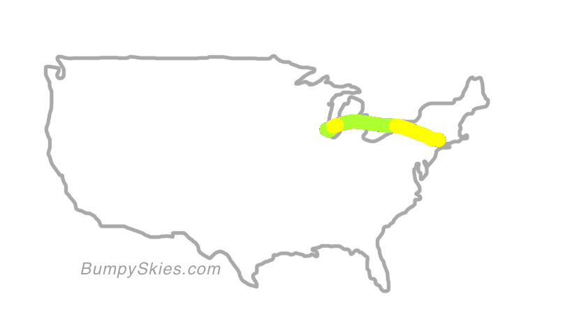 Map of continental US with illustrated flight path and turbulence forecast (described in text below)