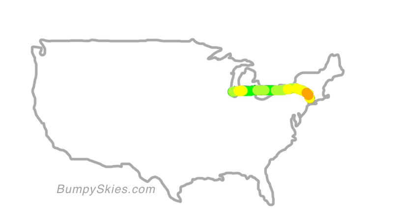 Map of continental US with illustrated flight path and turbulence forecast (described in text below)