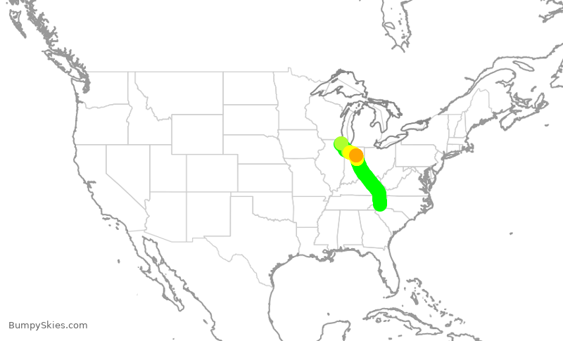 Turbulence forecast map for ENY3813, AVL to ORD