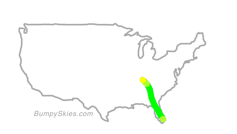 Map of continental US with illustrated flight path and turbulence forecast (described in text below)