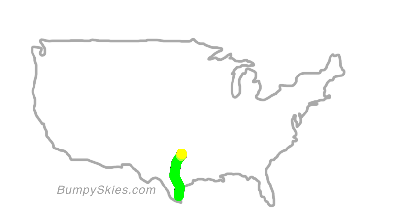 Map of continental US with illustrated flight path and turbulence forecast (described in text below)