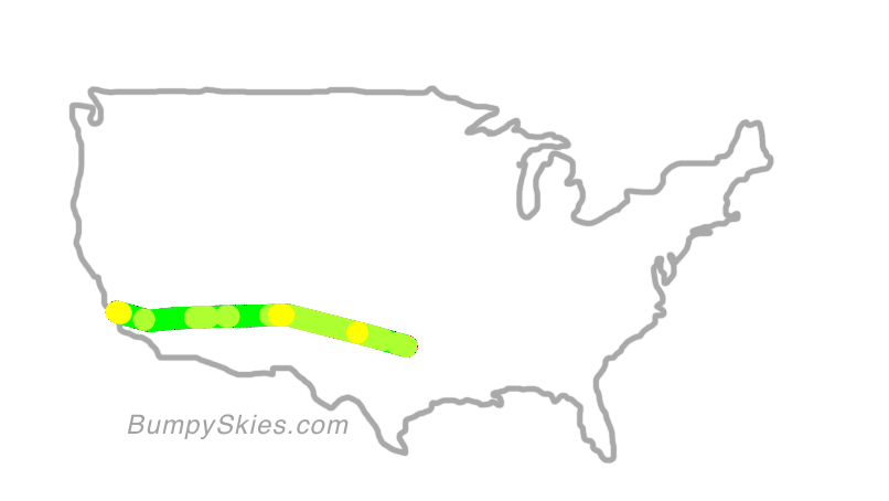 Map of continental US with illustrated flight path and turbulence forecast (described in text below)