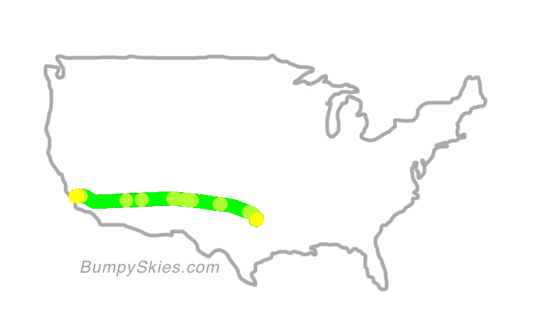 Map of continental US with illustrated flight path and turbulence forecast (described in text below)