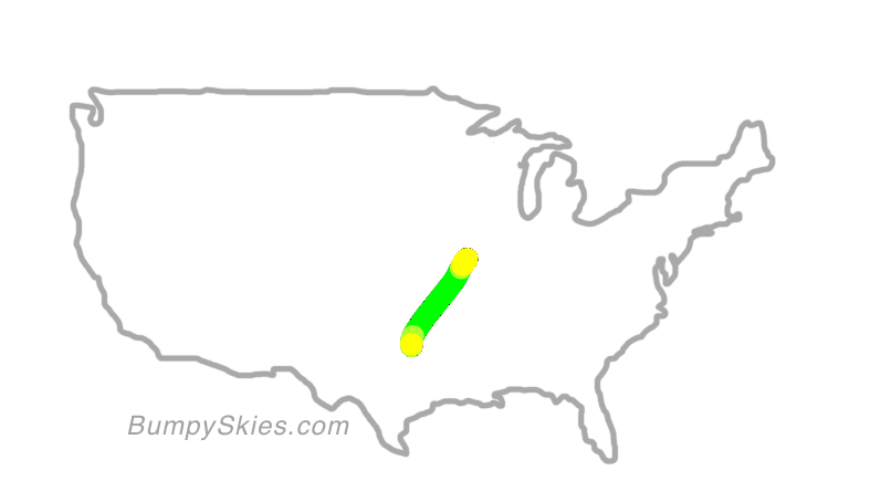 Map of continental US with illustrated flight path and turbulence forecast (described in text below)