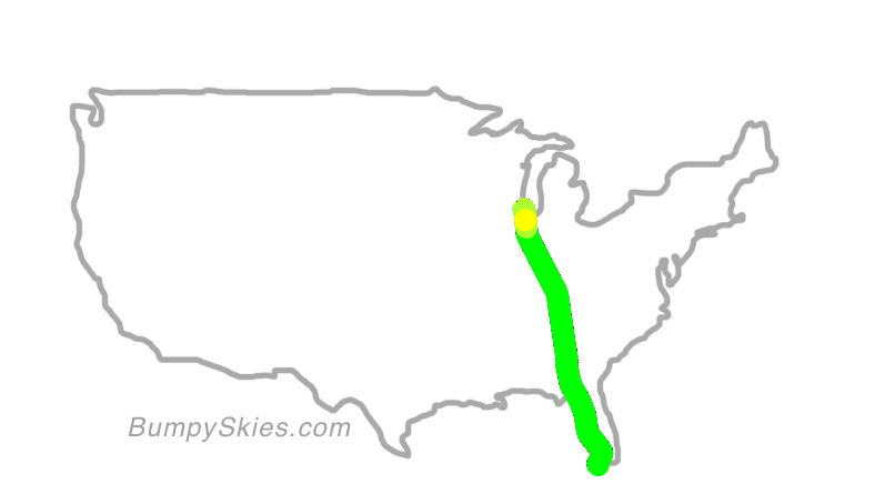 Map of continental US with illustrated flight path and turbulence forecast (described in text below)