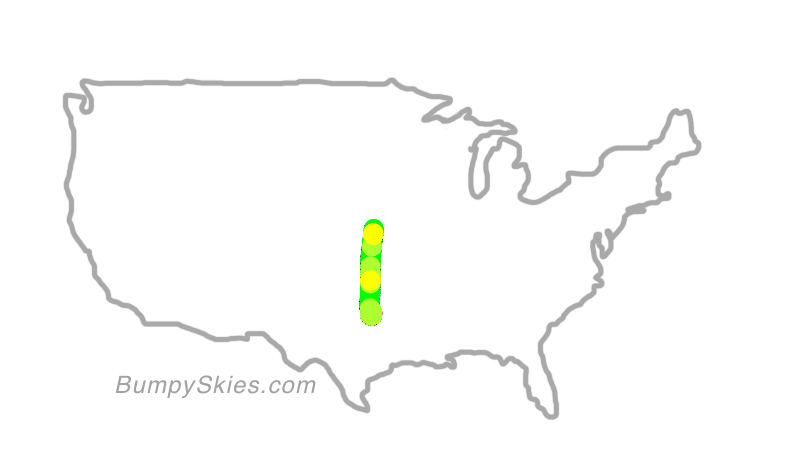 Map of continental US with illustrated flight path and turbulence forecast (described in text below)