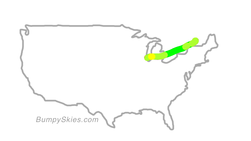 Map of continental US with illustrated flight path and turbulence forecast (described in text below)