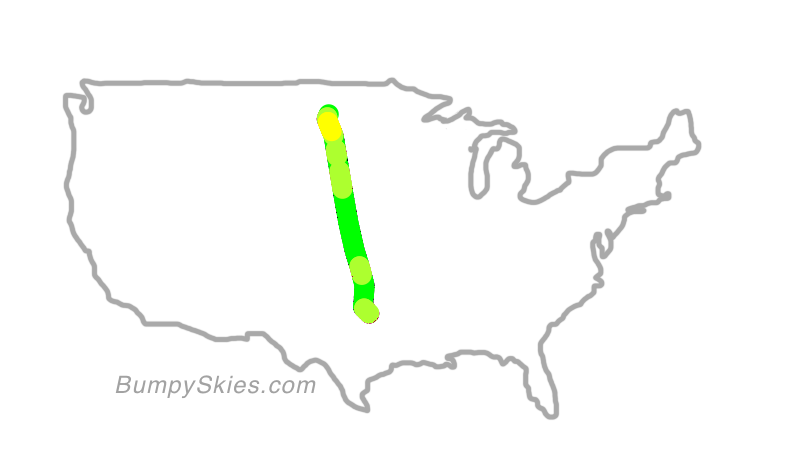 Map of continental US with illustrated flight path and turbulence forecast (described in text below)
