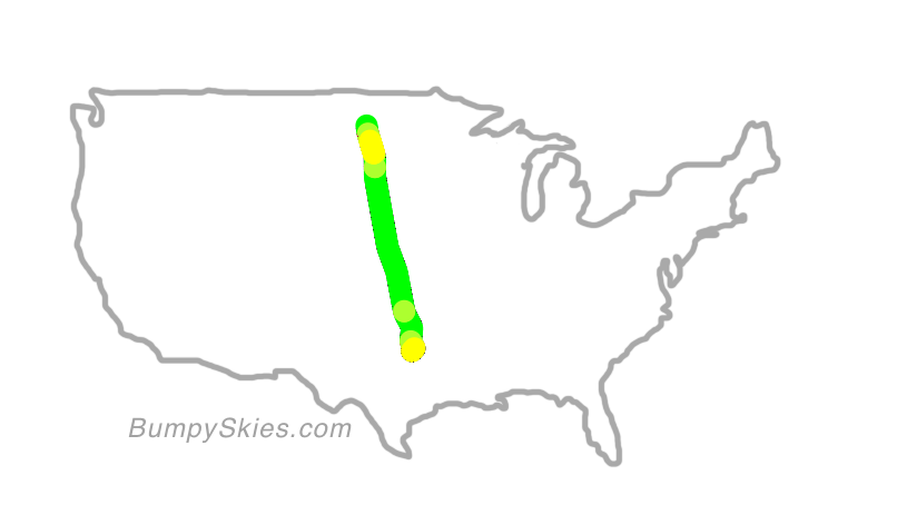 Map of continental US with illustrated flight path and turbulence forecast (described in text below)
