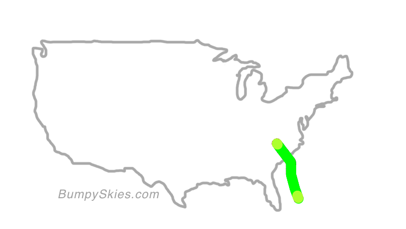 Map of continental US with illustrated flight path and turbulence forecast (described in text below)