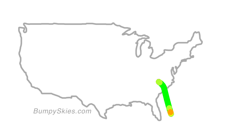 Map of continental US with illustrated flight path and turbulence forecast (described in text below)