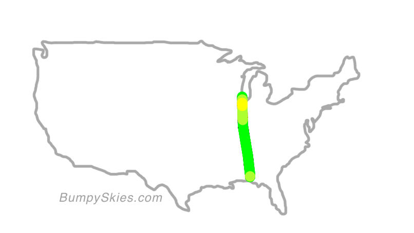 Map of continental US with illustrated flight path and turbulence forecast (described in text below)